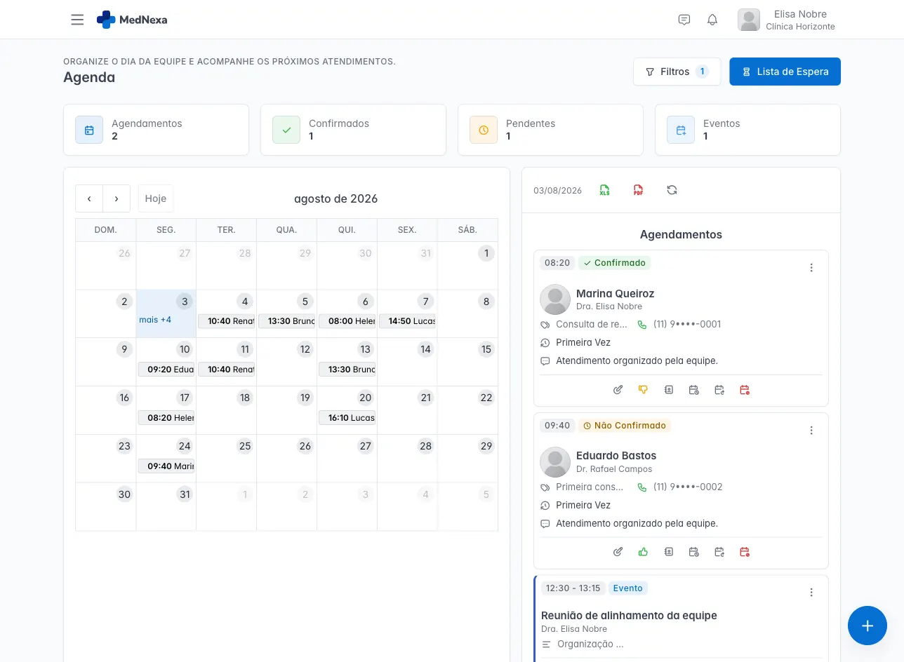 Tela da agenda do MedNexa com calendário mensal, indicadores e compromissos do dia com dados sintéticos